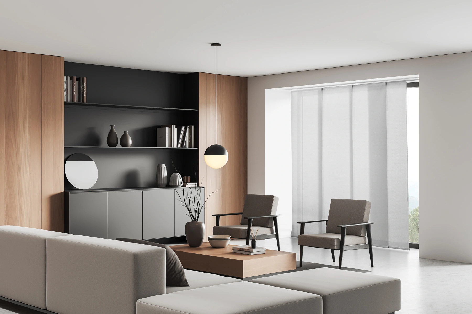 Elite Panel Track Shades supplier example. Panel count, fabric and stack configuration are selected separately.