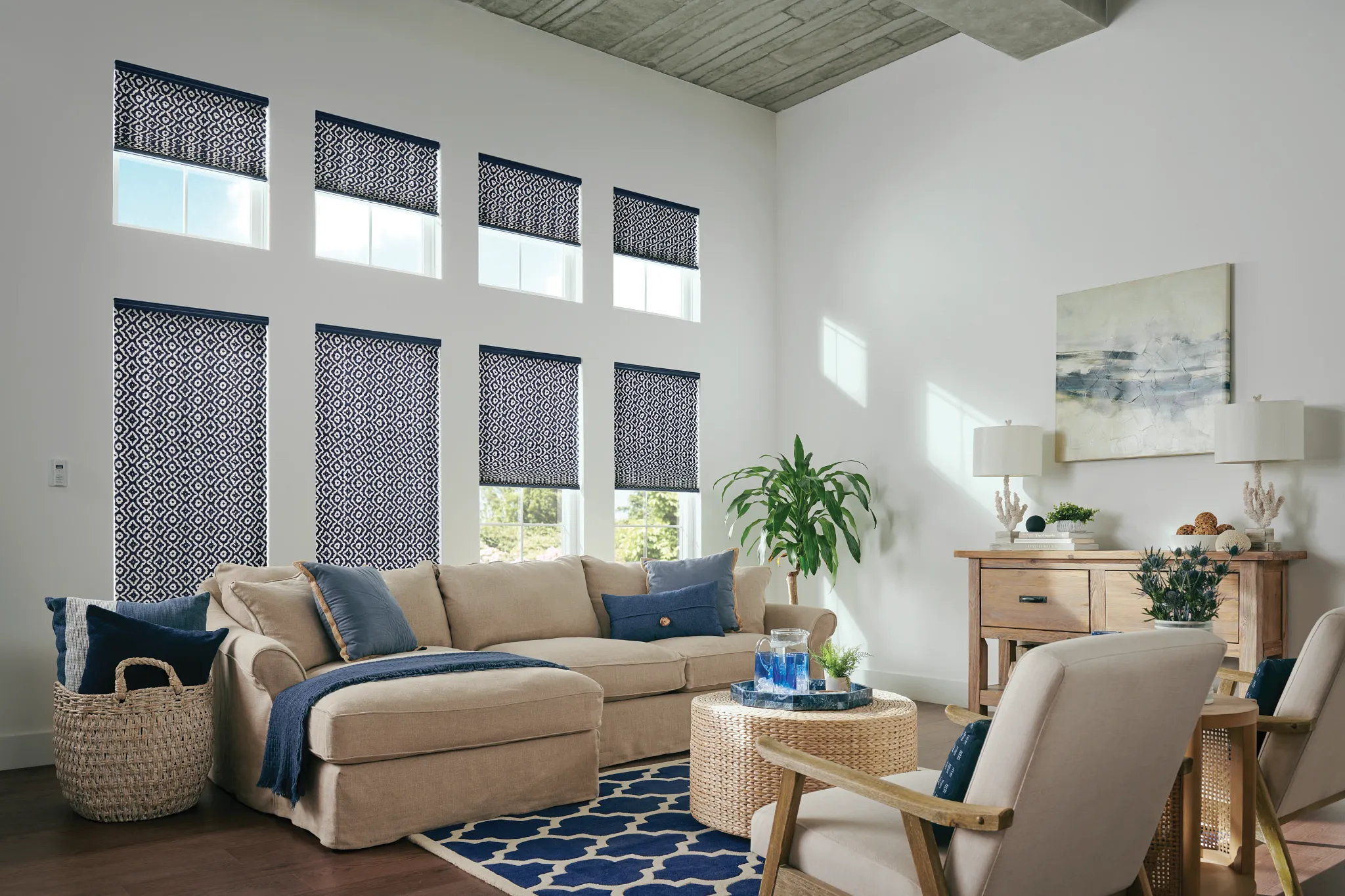 Graber pleated shades across living-room windows
