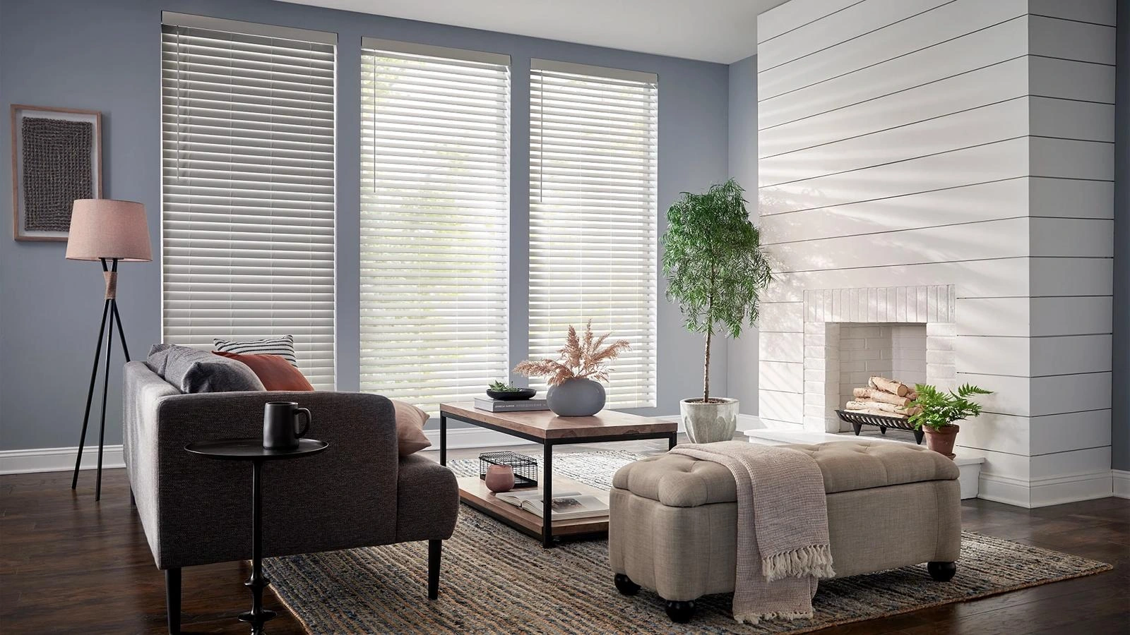 White Alta faux-wood slats across a bright sitting room.