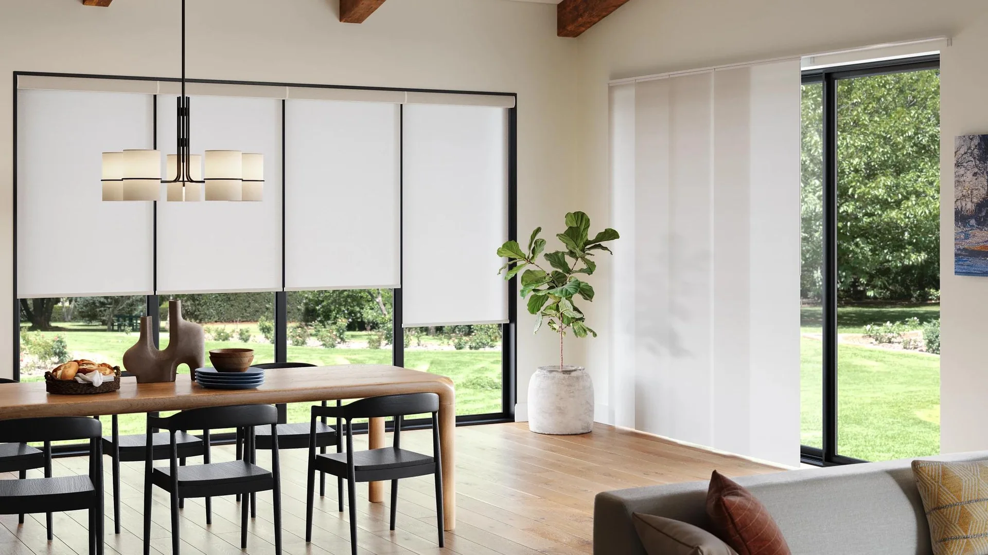 Alta roller-shade fabric shown across windows.