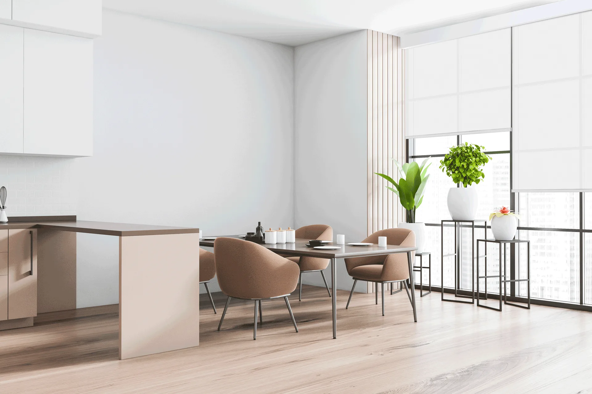 Elite roller shades shown in the manufacturer's room photography.