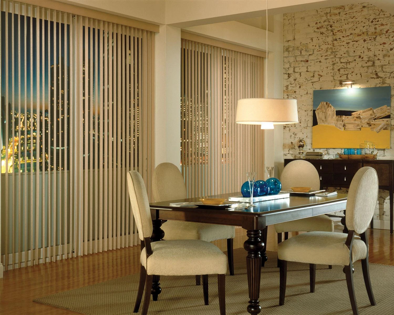 Elite Vertical Blinds across windows in a dining room.