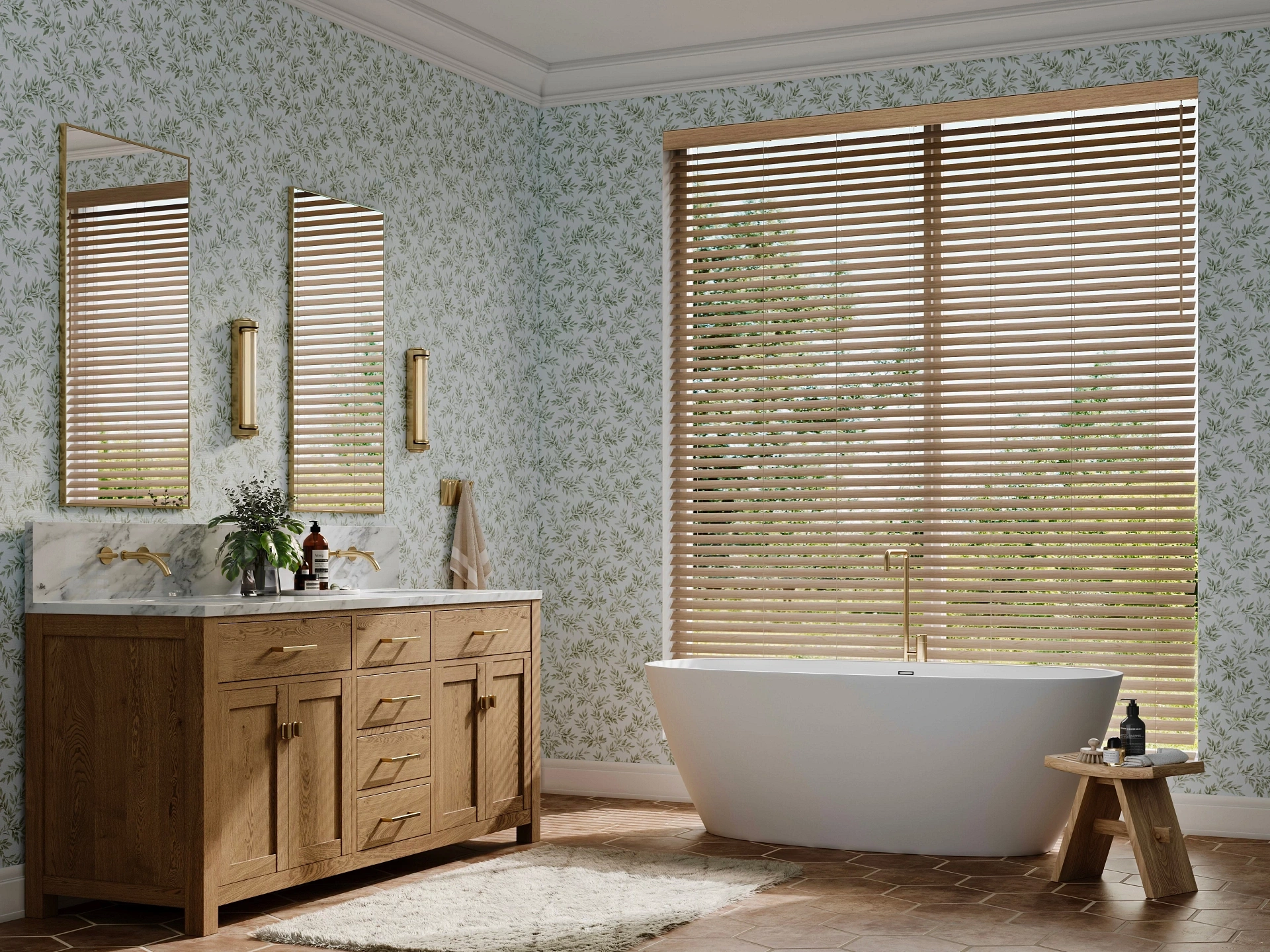 Graber faux-wood blinds across a bathroom window beside a vanity.