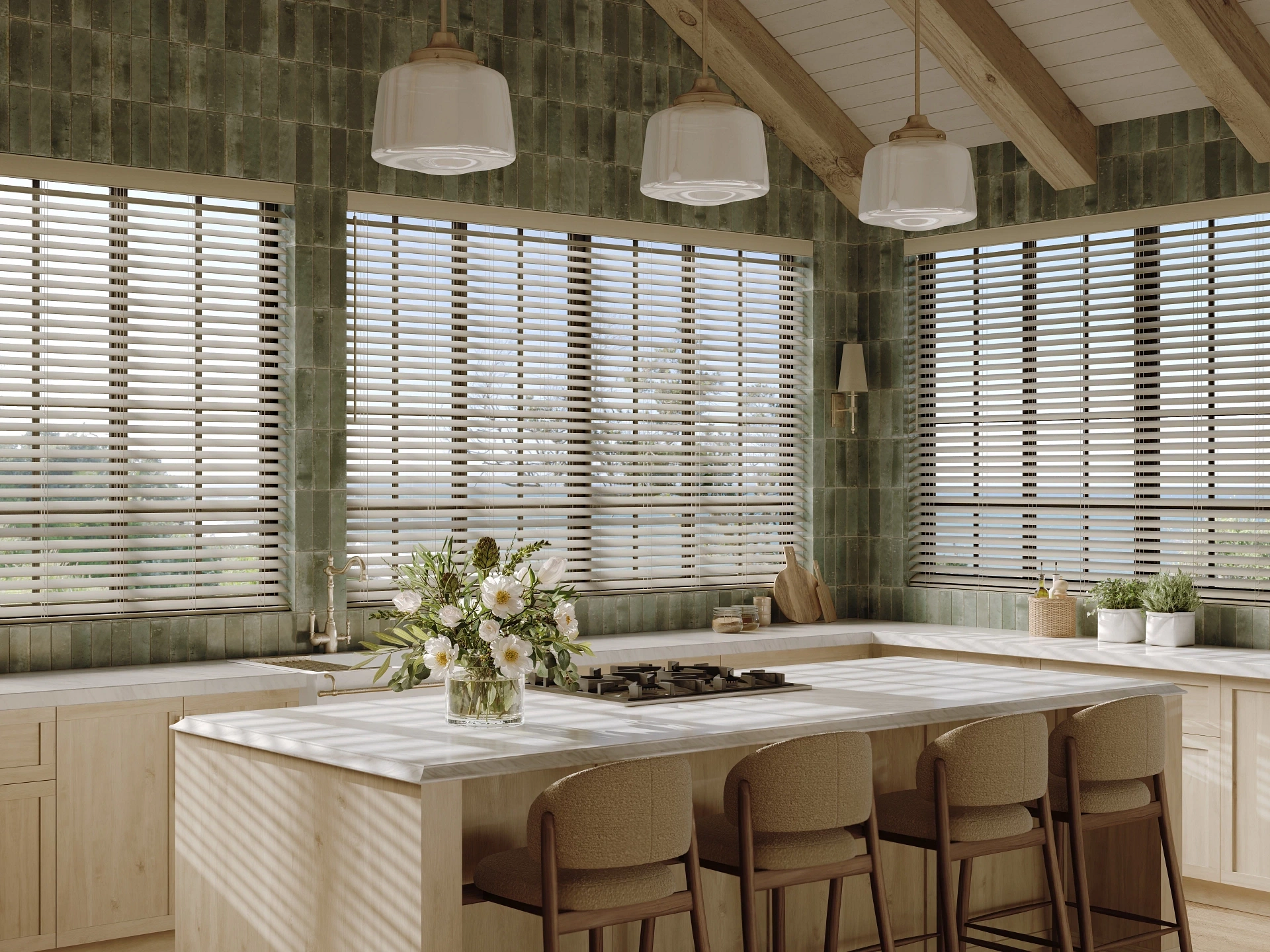 Graber faux-wood blinds lining kitchen windows above a counter.