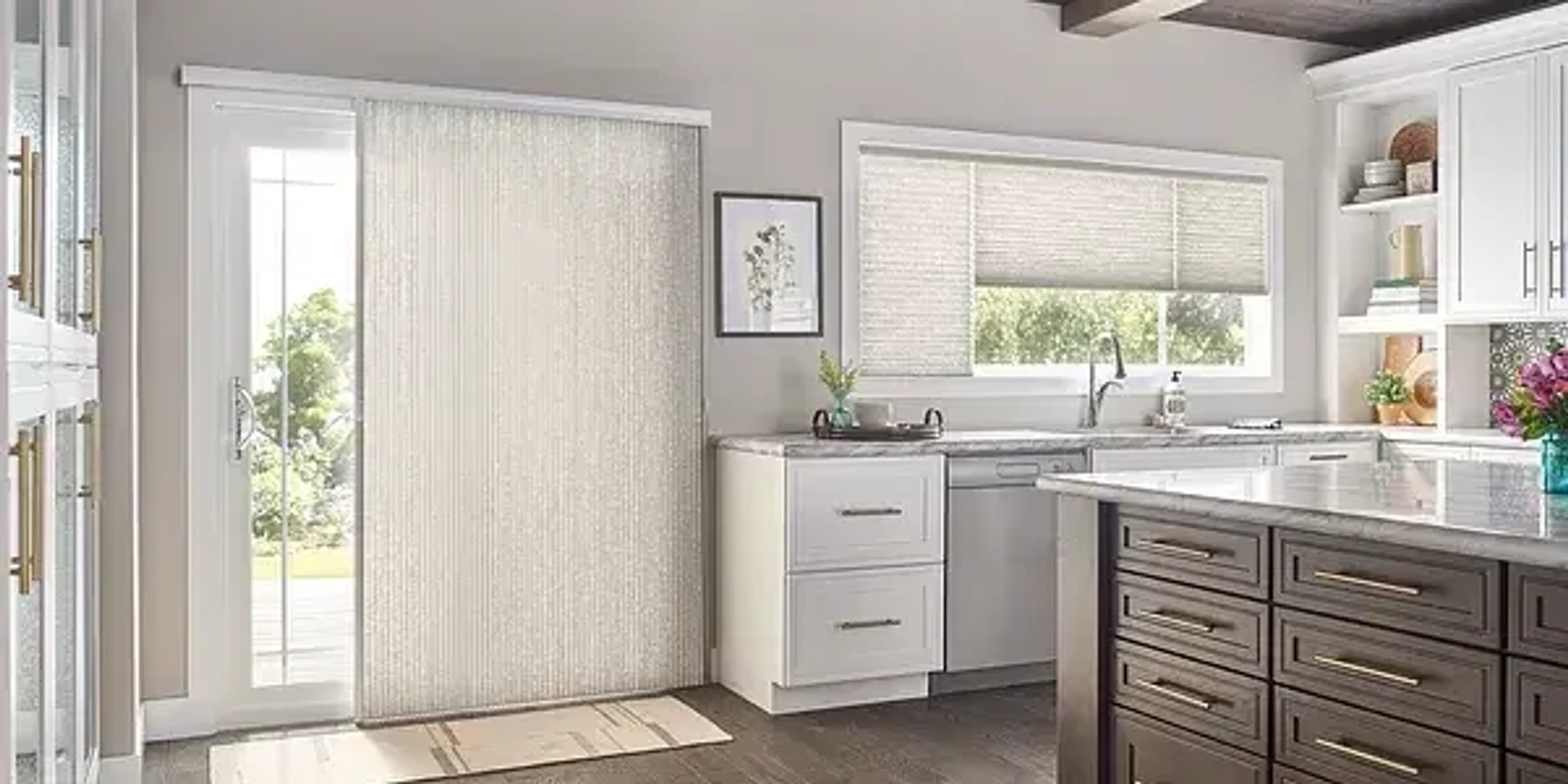Vertical cellular shades on a sliding-glass door in a kitchen.