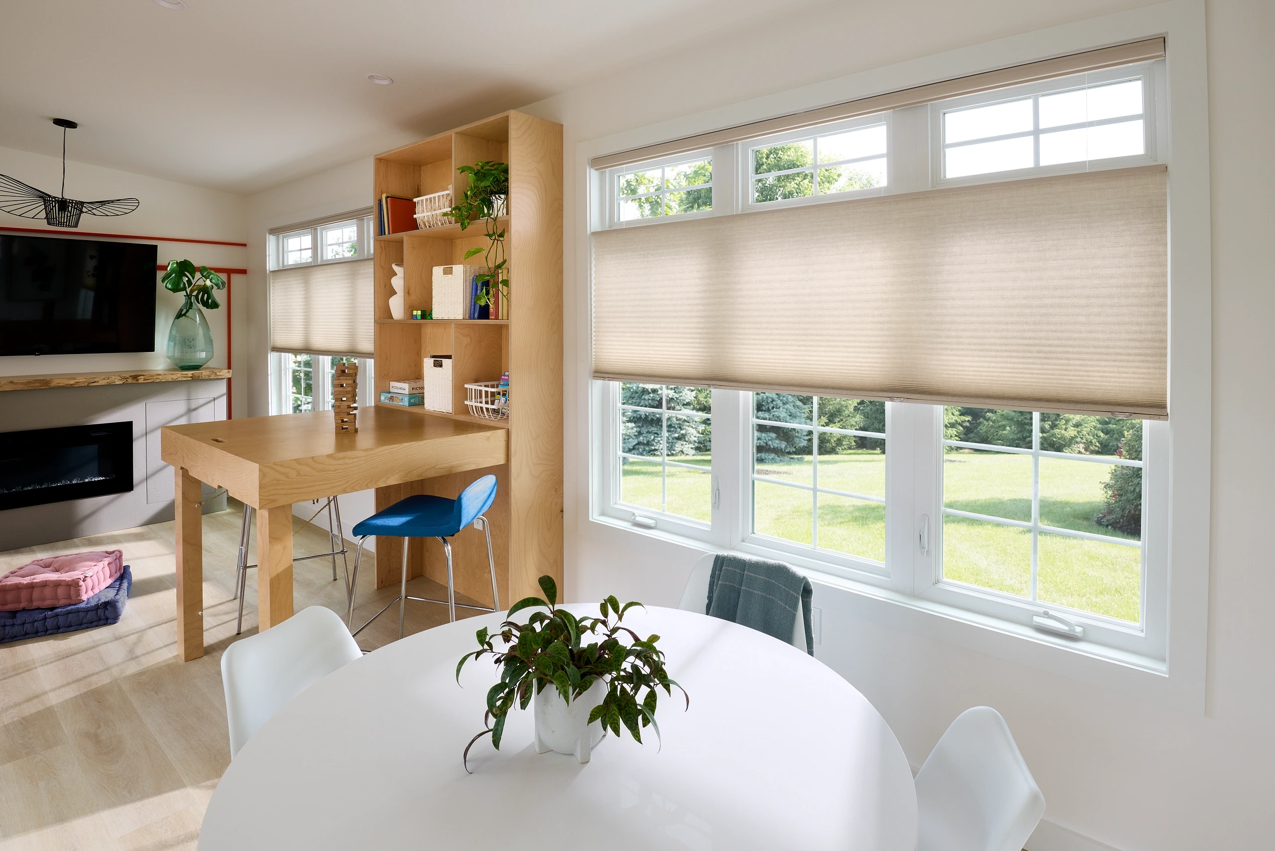 Custom Graber top-down bottom-up cellular shades professionally installed in a modern home office.
