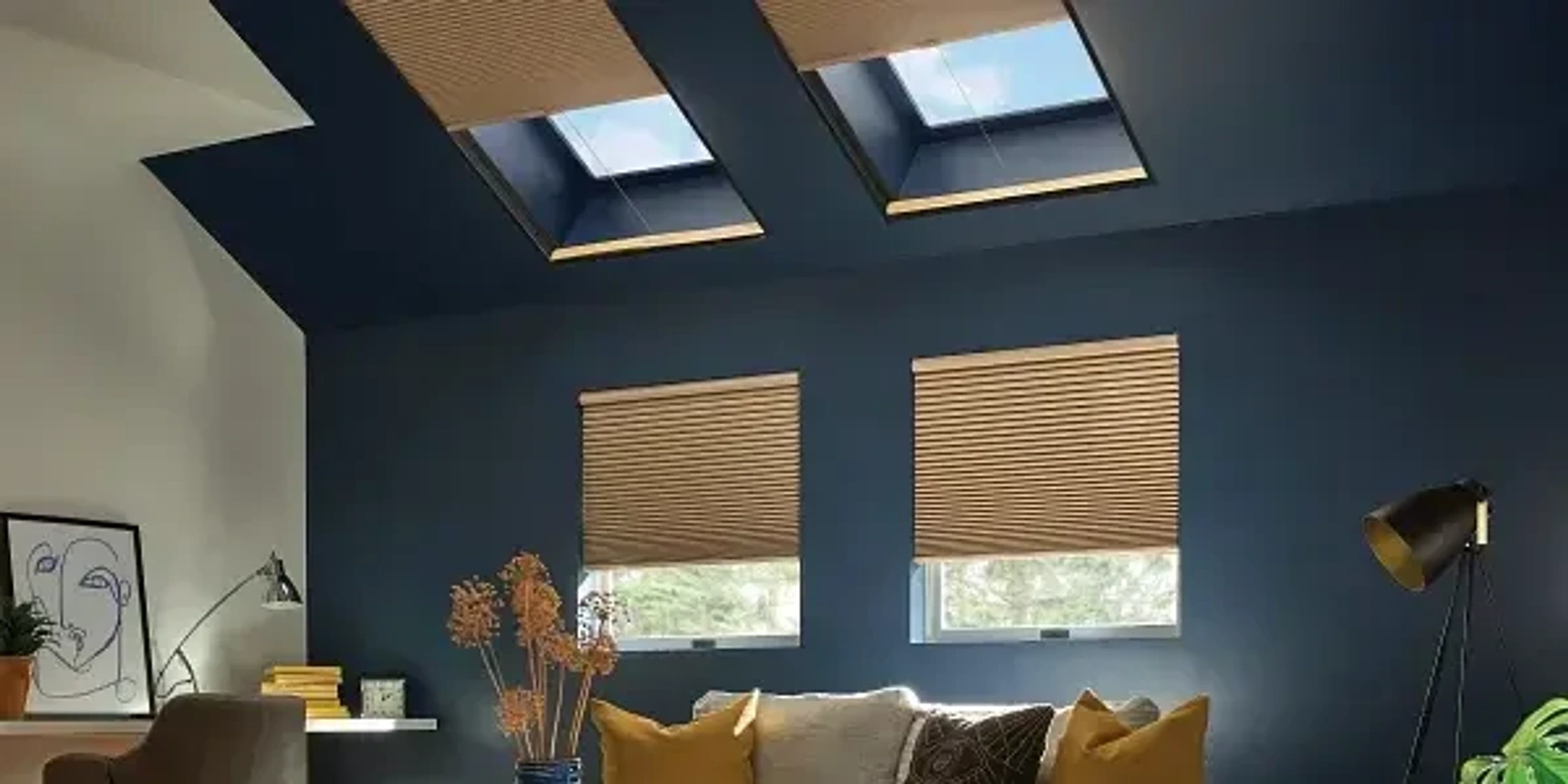 Graber cellular shades in living room letting the sunshine in.