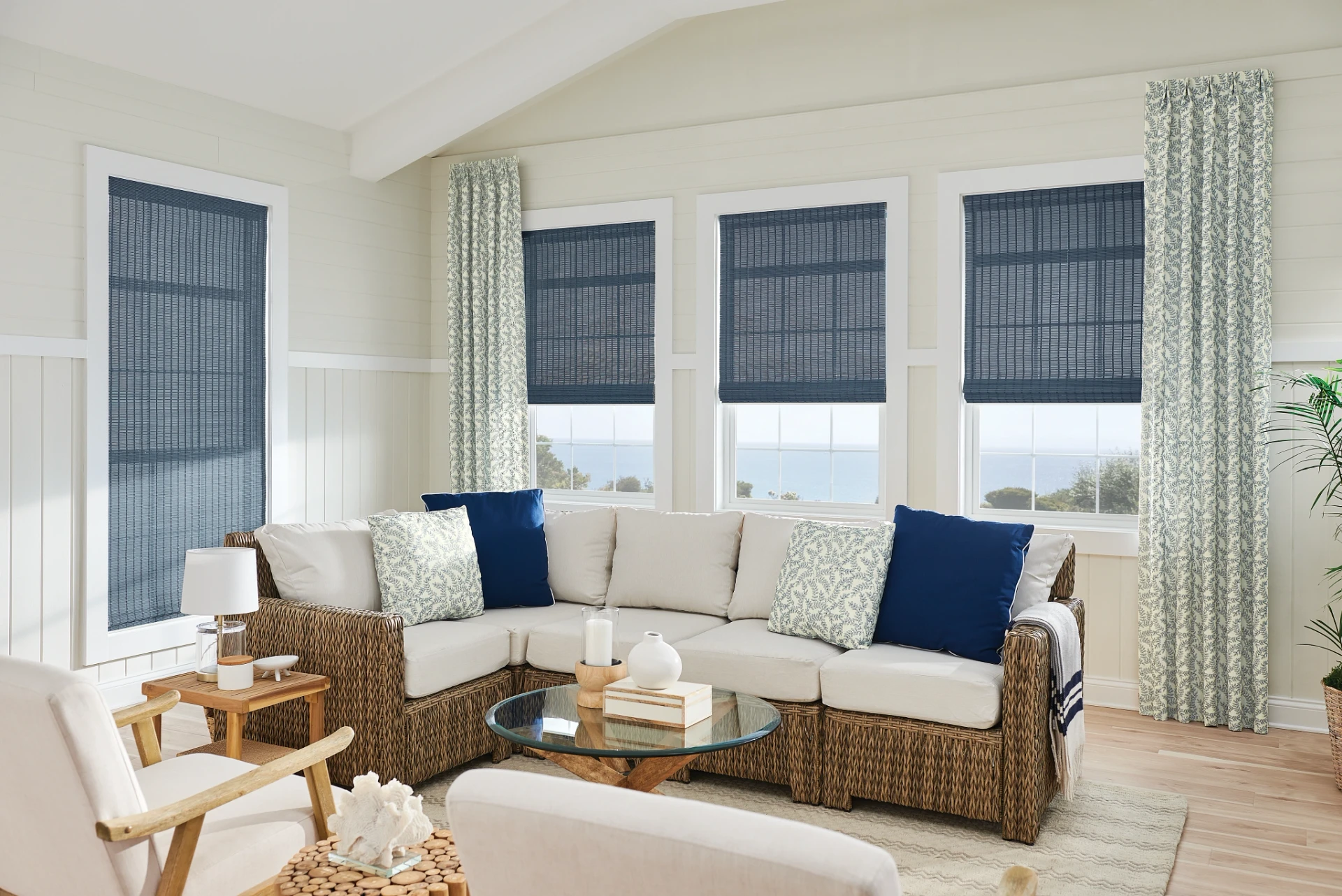 Graber Natural Woven Wood shades paired with drapery.