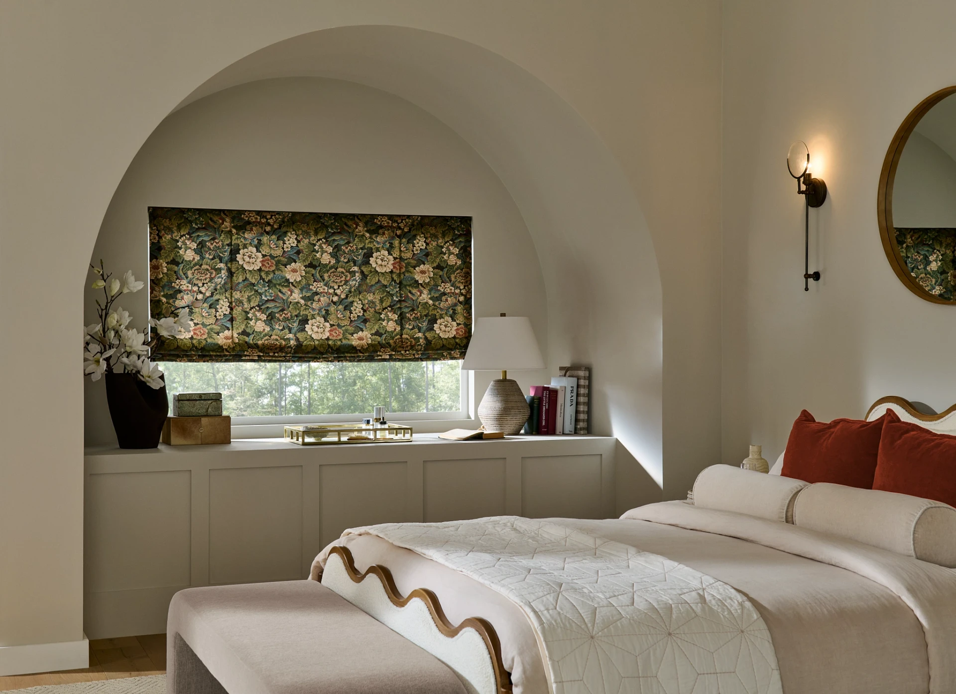 Graber Tailored Roman shade in a bedroom.