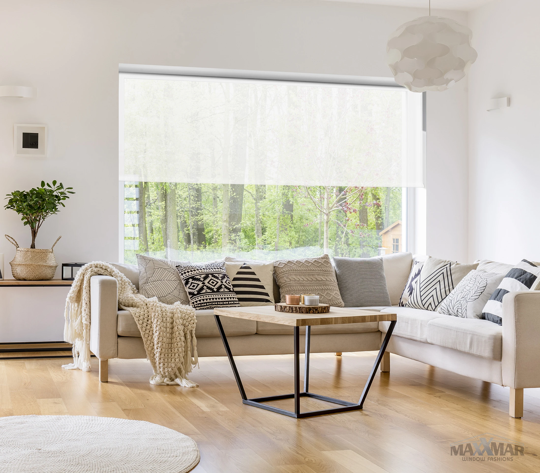 Maxxmar roller shade with a compact cassette above a living-room seating area.